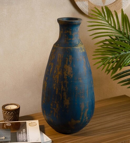 (1Pc) Navy Blue Terracotta Vase For Table Decor