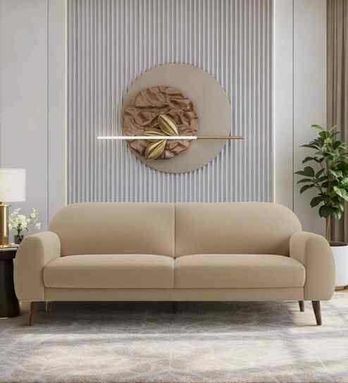 Elegant Velvet Fabric 3 Seater Sofa In Beige Color