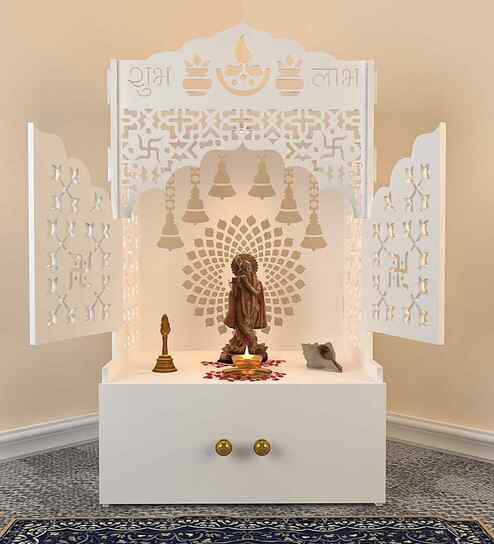 Elegant White Wooden Floor Pooja Mandir with Laser-Cut Doors Shubh Labh Design & Storage Cabinet