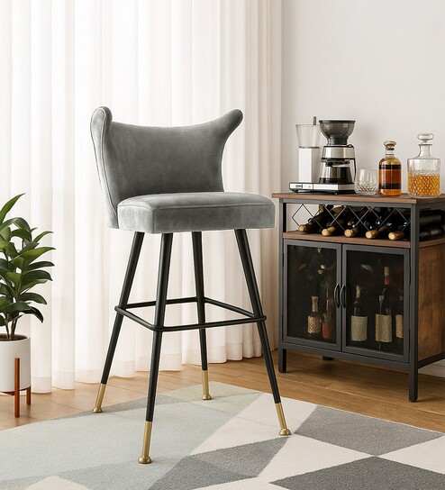 Eleganza Velvet Winged Bar Chair in Grey Colour