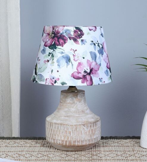 Elegent Mangowood Table Lamp With Cobra Saffron Print Satin Shade