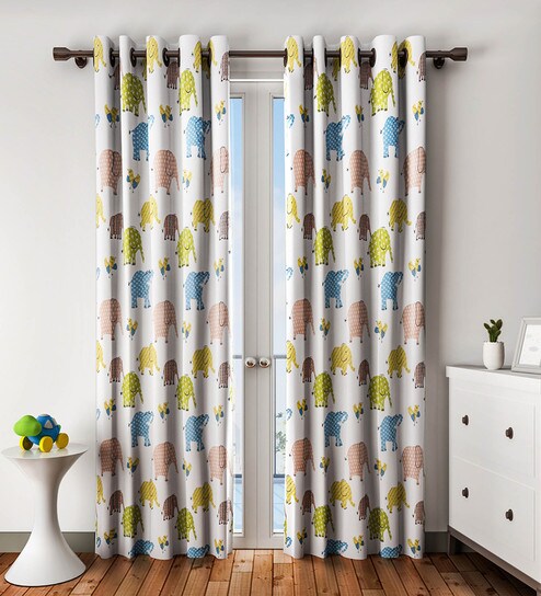 Buy Elephant Bird Print Blue Yellow Eyelet Curtain By Urban