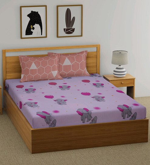 Buy Elephant Double Bed Sheets With 2 Pillow Covers In Pink By