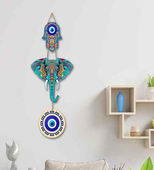 Elephant Hamsa Hand Evil Eye Decorative Wooden Wall Hanging Decor