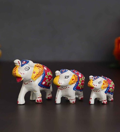 Set of 3 White Elephant Papier Mache and Plastic Figurine