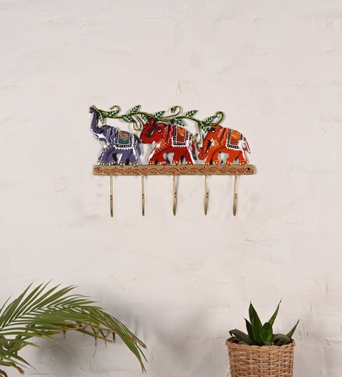 Multicolor Metal Handpainted Elephants Key Holder