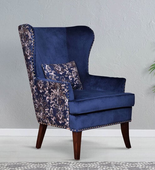 Elian Fabric Wing Chair In Blue Colour