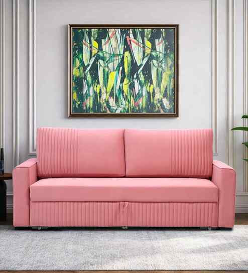Elina Velvet Fabric Sofa Cum Bed in Blush Pink Colour With Storage
