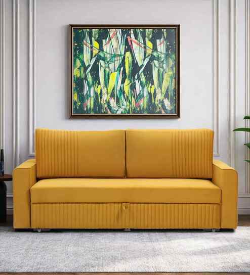 Elina Velvet Fabric Sofa Cum Bed in Mustard Yellow Colour With Storage