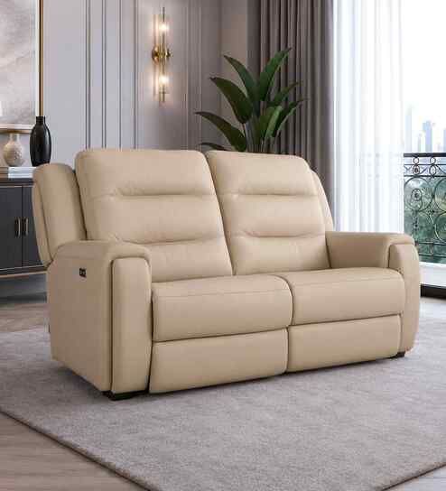 Elio Leather Fabric Electric Recliner 2 Seater Sofa In Beige Colour