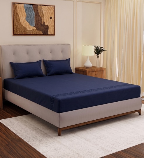 Blue Solid- Embroidery 180 TC Polyester King Sized Bedsheet With 2 Pillow Covers