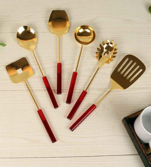 Gold Serving Spoons Set, Set of 6, Serving Ladle, Serving Spatula