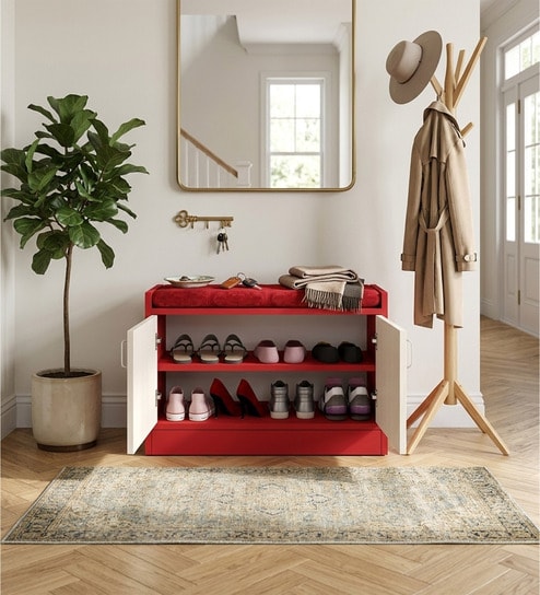 Ella 2 Door Multipurpose Cabinet with Cushion in Highland Pine & Scarlet Red Finish