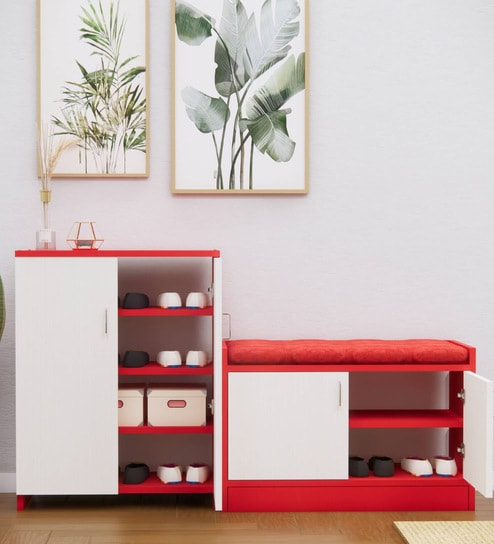 Ella Shoe Cabinet In HighlandPine & Scarlet Red Finish
