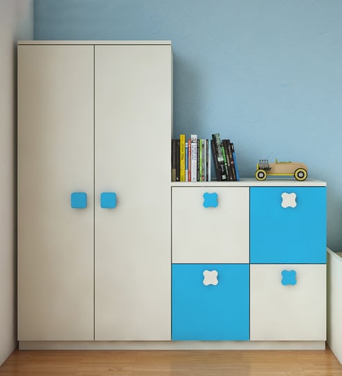 Ellora Kids Double Door Storage Cum Bookshelf In Ivory Azure Blue Colour By Adona