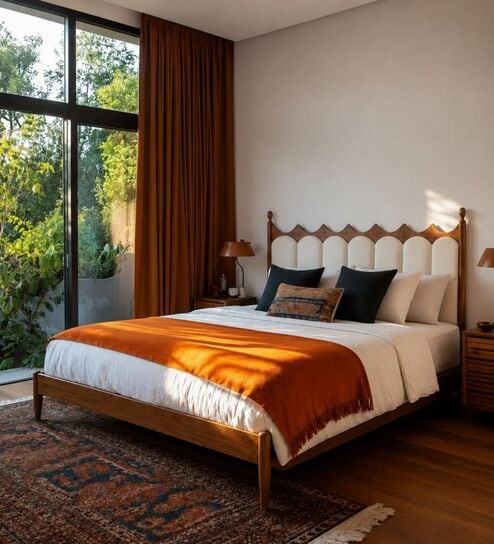 Ellora Upholstered Queen Size Bed In Honey Gold Finish With Hydraulic Storage