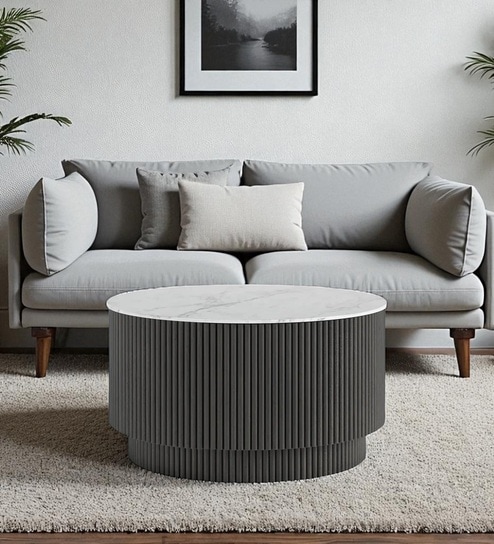 Elowen Round Walnut Coffee Table with Fluted Base, White Wooden Marble Top & Hidden Storage Compartment   in Brown Colour