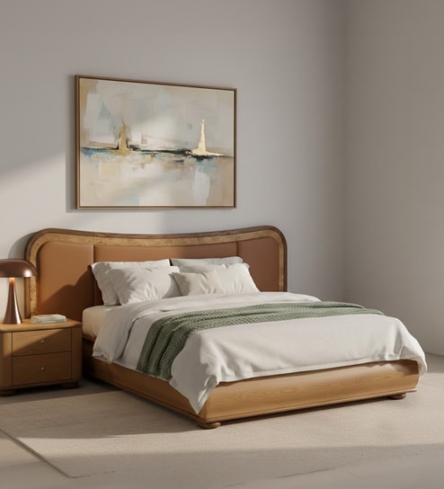 Elowen Softline Bed in velvet With Oak wood Frame & Hydraulic Storage