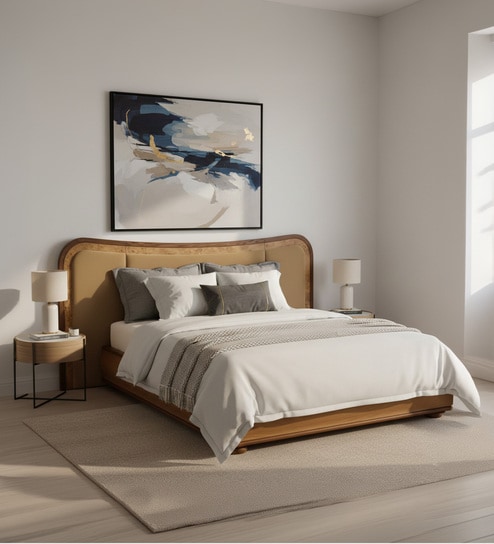 Elowen Softline Queen Size Bed in velvet With Oak wood Frame & Hydraulic Storage