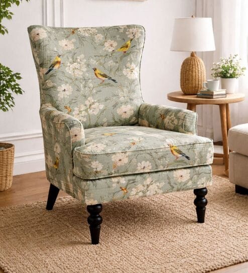Elric Teak Wood Wing Chair With Suede Fabric In Green Colour