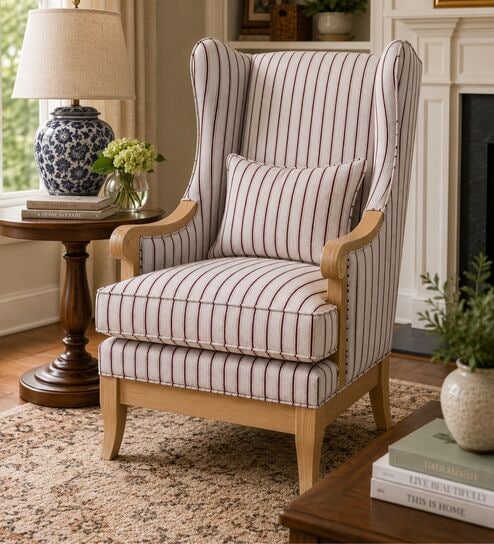 Elric Teak Wood Wing Chair With Suede Fabric In Striped Print