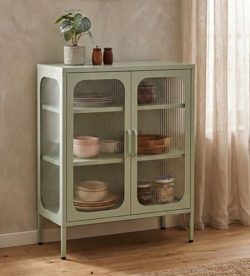 Elvar Metal Crockery Unit with Fluted Glass Doors Compact Dining Storage Cabinet and Elevated Metal Legs