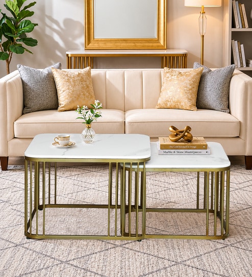 Elvas B Metal Nesting Coffee Table Set with White Porcelain Top (Set of 2)