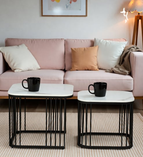 Elvas Metal Nesting Coffee Table Set In Black Finish with White Porcelain Top (Set of 2)