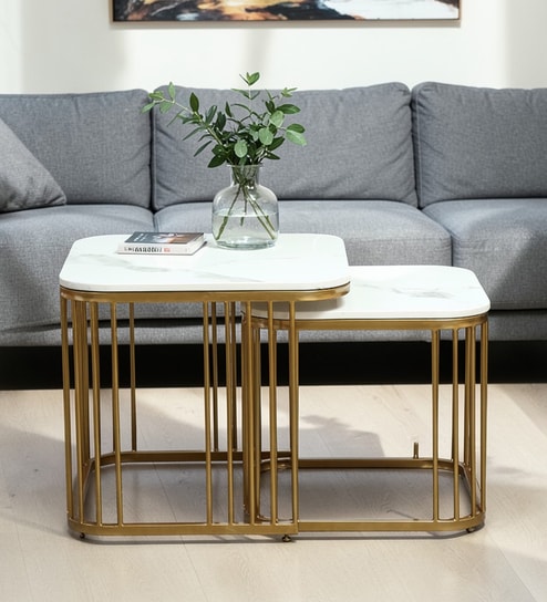 Elvas Metal Nesting Coffee Table Set In Gold Finish with White Porcelain Top (Set of 2)