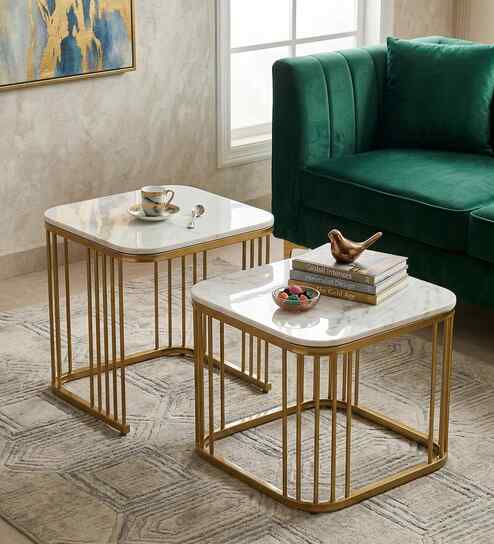Elvas Metal Nesting Coffee Table Set In Gold Finish with White Porcelain Top (Set of 2)