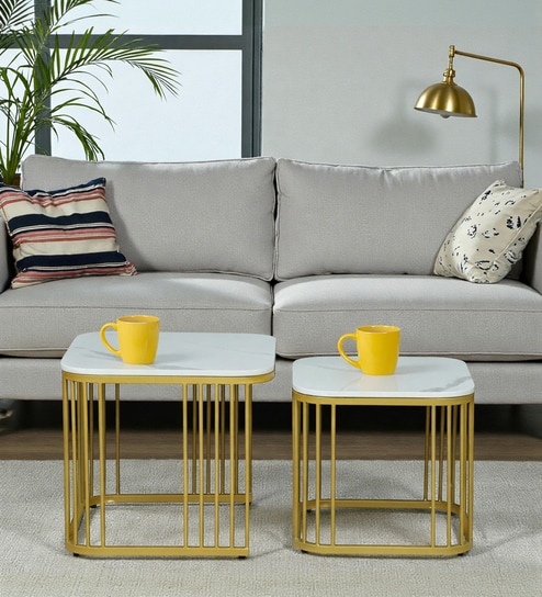 Elvas Metal Nesting Coffee Table Set In Gold Finish with White Porcelain Top (Set of 2)
