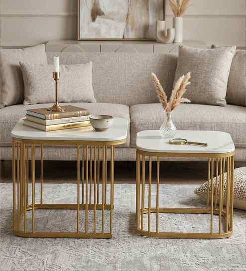 Elvas Metal Nesting Coffee Table Set In Gold Finish with White Porcelain Top (Set of 2)