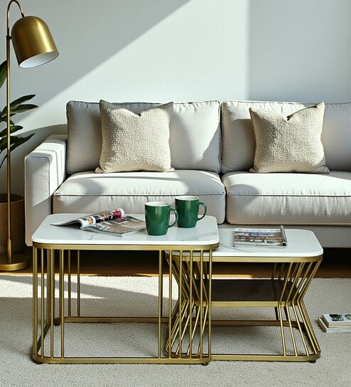 Elvas Metal Square Nesting Coffee Table Set with White Porcelain Top (Set of 2)
