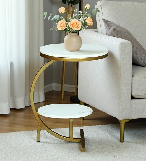 Elvas White Porcelain Top End Table With Gold Finish-image-24
