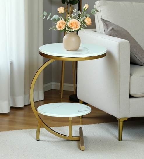 Elvas White Porcelain Top End Table With Gold Finish