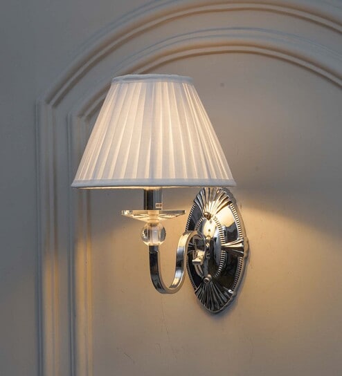 Elvira Fabric Shade Wall Light With Crystal Glass & Chrome Finish Metal Body Modern Decorative Wall Lamp For Bedroom, Living Room & Hallway (E14 Compatible)