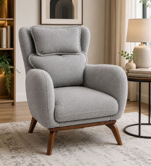 Elysian Teak Wood Chair With Suede Fabric In Grey Colour