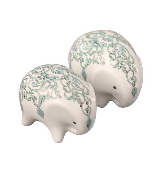 Buy White & Blue Ceramic Elephant Showpiece by Ellielle Artefacts