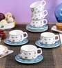Elegant 210ml White & Blue Ceramic (Set of 12) Tea Cup & Saucer Set