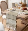 Beige and White Woven 13x74 Inch Table Runner with Tassels