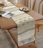 Beige and White Woven 13x74 Inch Table Runner with Tassels