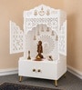 Elegant White Wooden Floor Pooja Mandir with Laser-Cut Doors Shubh Labh Design & Storage Cabinet