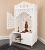 Elegant White Wooden Floor Pooja Mandir with Laser-Cut Doors Shubh Labh Design & Storage Cabinet
