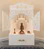Elegant White Wooden Floor Pooja Mandir with Laser-Cut Doors Shubh Labh Design & Storage Cabinet