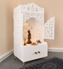 Elegant White Wooden Floor Pooja Mandir with Laser-Cut Doors Shubh Labh Design & Storage Cabinet