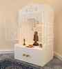 Elegant White Wooden Floor Pooja Mandir with Laser-Cut Doors Shubh Labh Design & Storage Cabinet