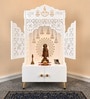 Elegant White Wooden Floor Pooja Mandir with Laser-Cut Doors Shubh Labh Design & Storage Cabinet