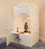 Elegant White Wooden Floor Pooja Mandir with Laser-Cut Doors Shubh Labh Design & Storage Cabinet