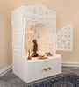 Elegant White Wooden Floor Pooja Mandir with Laser-Cut Doors Shubh Labh Design & Storage Cabinet