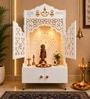 Elegant White Wooden Floor Pooja Mandir with Laser-Cut Doors Shubh Labh Design & Storage Cabinet